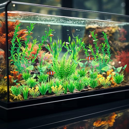 Ameliade Aquarium Artificial Plastic Plants Large Fish Tank Decor, 26PCS | Green Aquarium Decorations, Soft Goldfish Betta Big Tank Accessories, Fish Bowl Tall Ornaments