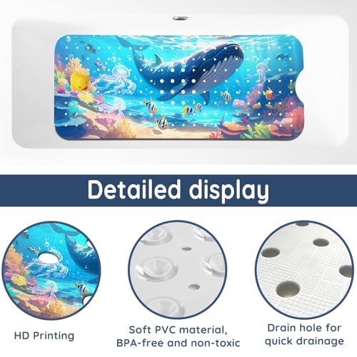 LNOND Bath Mat for Tub for Kids, Ocean Bathtub mat Non Slip,Blue Whales Bath Mats for Bathroom Non Slip with Drain Holes and Suction Cups,Machine Washable (40 X 16 Inch) - color: Blue Whales