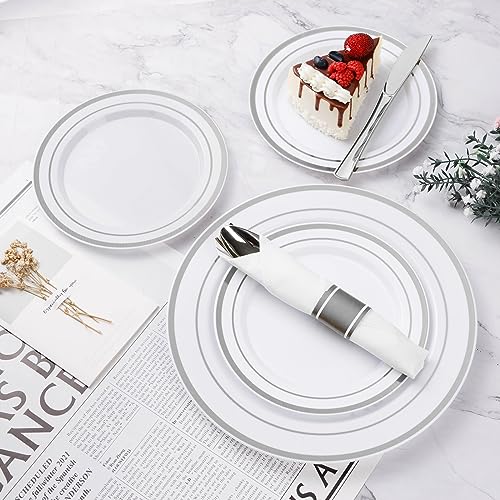 BESTVIP 350PCS Silver Plastic Dinnerware Set, Disposable Party Plates for 50 Guests, Include: 100 Plastic Plates, 50 Pre Rolled Napkins with Silver Silverware, 50 Cups - color: Silver, size: 50 Guests