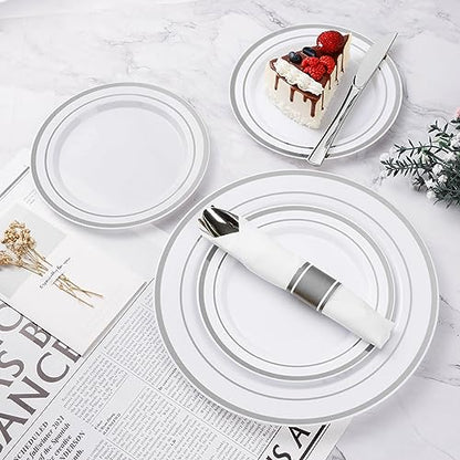 BESTVIP 350PCS Silver Plastic Dinnerware Set, Disposable Party Plates for 50 Guests, Include: 100 Plastic Plates, 50 Pre Rolled Napkins with Silver Silverware, 50 Cups - color: Silver, size: 50 Guests