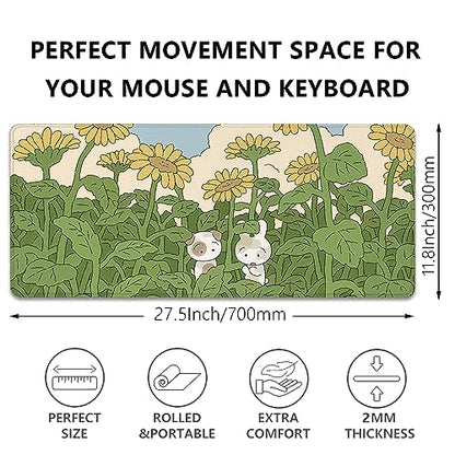 Sunflower Desktop Mouse Pad Large,Cute Mouse Pads,Cartoon Anime Mouse Mat for Desk,Desk Mat with Stitched Edges,Non-Slip Waterproof Rubber Base,Keyboard Computer Office Home Work(27.5X11.8 in) - color: Sunflower and 2 Rabbits