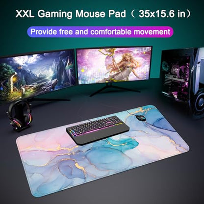 Desk Mat Pad,Large XXL Extended Mouse Pad Mat for Desktop Keyboard | 35''×15.6'' XXL Extended Gaming Mouse Pad with Non-slip Base Desk Matt Mousepad for Computer,Office,Keyboard and Laptop - color: F3- Blue Marble