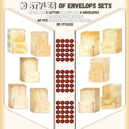 TaoBary 160 Pcs Stationery Paper Set 50 Double Sided Stationery Papers with 50 Matching Envelopes and 60 Round Dot Sticker, 10 Design(Vintage,5.5 x 8.25 Inch) - size: 5.5 x 8.25 Inch, style: Vintage