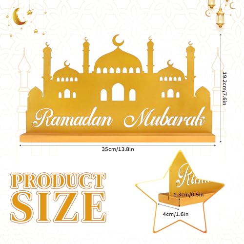 Ramadan Decorations for Home Eid Metal Table Sign Ramadan Mubarak Centerpiece for Tables Muslim Golden Palace Tabletop for Islamic Mosque Party Gift Tiered Tray Office Desk Shelf Indoor Hollow Letters