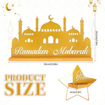 Ramadan Decorations for Home Eid Metal Table Sign Ramadan Mubarak Centerpiece for Tables Muslim Golden Palace Tabletop for Islamic Mosque Party Gift Tiered Tray Office Desk Shelf Indoor Hollow Letters