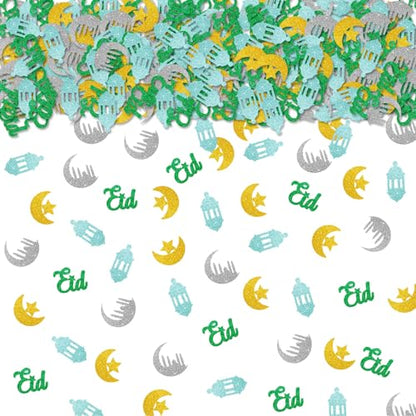 100pcs Eid Mubarak Confetti, Gold Glitter Ramadan Kareem Table Confetti for Muslim Islamic Party, Eid Paper Cut Outs, Holiday Festival Birthday Party Table Decoration - style: Eid-Green