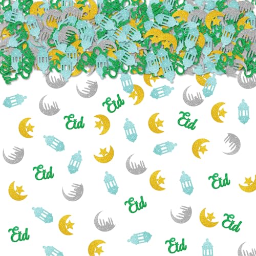 100pcs Eid Mubarak Confetti, Gold Glitter Ramadan Kareem Table Confetti for Muslim Islamic Party, Eid Paper Cut Outs, Holiday Festival Birthday Party Table Decoration - style: Eid-Green