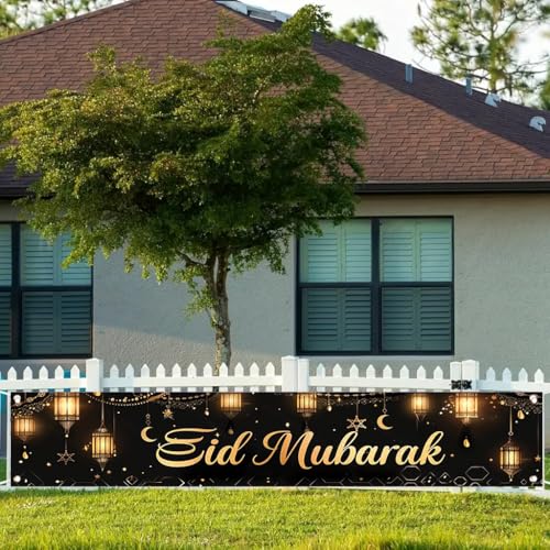 Eid Mubarak Outdoor Yard Banner 79x18 Inch Black Gold Islamic Lantern Crescent Moon Hanging Lights Backdrop for Muslim Ramadan Eid al-Fitr Lawn Fence Party Decorations
