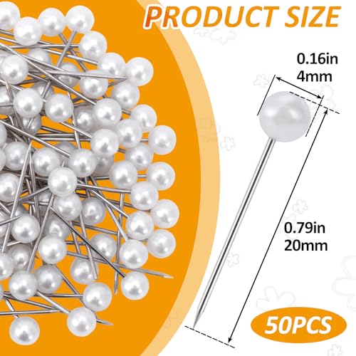50pcs Decorative Pearl Push Pins, Pearl-Head Sewing Thumb Tacks, Round Straight Pins Bouquet Pushpins for Photos Map Boards Wedding Home Accessories DIY Crafts- White