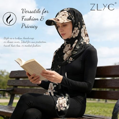 ZLYC Women Muslim Hijab Scarf with Visor Built-in Undercap Sun Protection Headwrap - color: Flowers Black