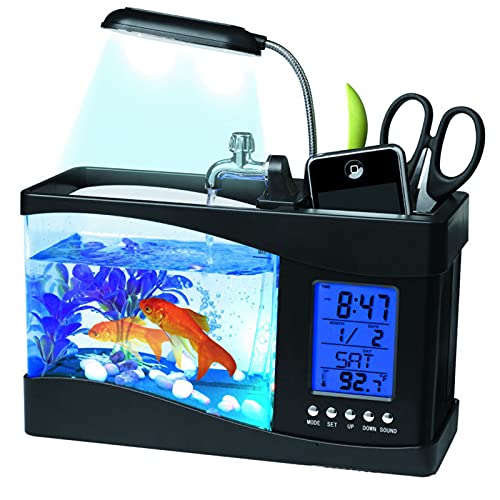 Mini Fish , Multifunctional USB Rechargeable Fish Desktop Electronic Aquarium with Clock Function LED Light Pen Holder for Office, Home