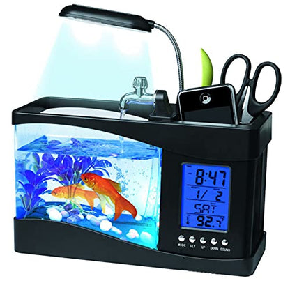 Mini Fish , Multifunctional USB Rechargeable Fish Desktop Electronic Aquarium with Clock Function LED Light Pen Holder for Office, Home