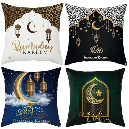 Eid Mubarak Pillow Covers, 4 Pack 18 x 18 Inches, Soft Throw Cushion Covers with Crescent Moon and Lantern Pattern, Islamic Home Sofa Couch Decor for Ramadan and Eid al-Adha (Black) - color: Black