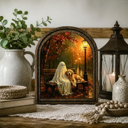 Halloween Ghost Dog Arched Table Sign, Rustic Farmhouse Decor - color: Ghost Dog Autumn Bench