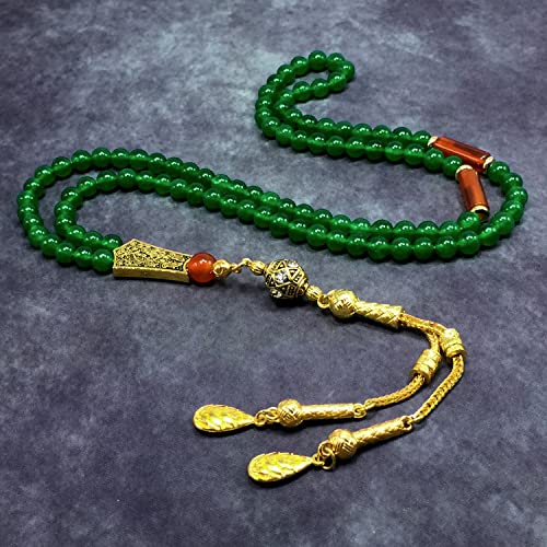 Special Prayer Beads Series -99 beads- Tesbih Tasbih Tasbeeh Misbaha Masbaha Subha Sebha Sibha (GREEN JADE NATURAL STONE & GOLD TASSEL -6 mm 99 small beads-) - color: GREEN JADE NATURAL STONE & GOLD TASSEL -6 mm 99 small beads-
