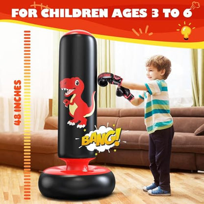 QPAU Inflatable Punching Bag, 48 Inch Stable Inflatable Boxing Bag for 3-6 Kids,Dinosaur Toy & Gifts for Boys and Girls, Kids Boxing Set for Practicing Karate, Taekwondo - color: Dinosaur Red