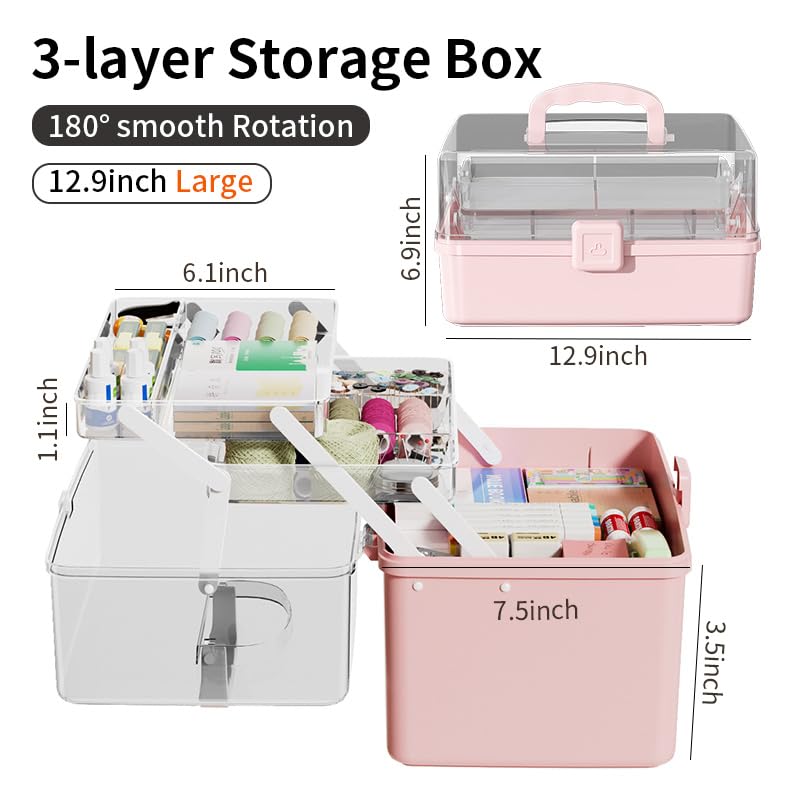 Large 3-Layer Craft Storage Box with Handle, White - color: White