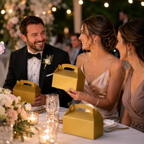 The Dreidel Company 25-Pack Gold Gable Treat Boxes, Party Favors, 6.25" x 3.5" x 3.5" Inch Box, 25-Pack (Gold) - color: Gold