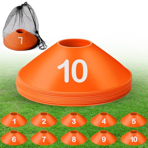 10 Pcs Numbered Sports Disc Cones 1-10 Soccer Cones with Mesh Carry Bag Flexible Agility Cones Soft Field Cones for Gym PE Classes School Activities Games, Sports Training Equipment - color: Orange