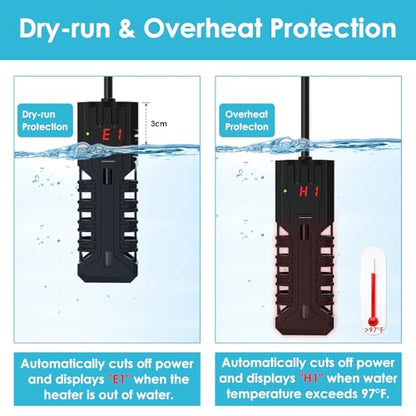 100W Aquarium Heater, Adjustable Fish Tank Heater, with Digital Display, Overheat Protection & Dry Run Protection, for 10-20 Gallon Water - size: For 10-20 Gal
