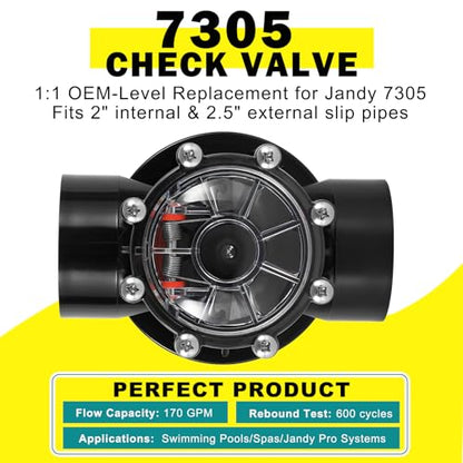Replacement for Jandy 7305 Check Valve 180° 2" to 2.5" – CPVC Pool/Spa Straight Through Flow Valve,Clear Lid, Stainless Steel Spring, Compatible with Jandy Pro Series –170 GPM Rated - for Pools & Spas