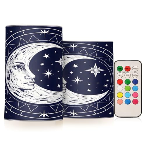 Flickering Flameless Candles, Crescent Moon Magic Circle LED Candles with Remote Timer, Set of 2 Battery Operated Candle for Valentine Wedding Birthday