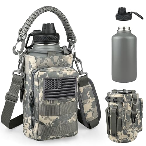 DEFUNX Half Gallon Water Bottle Insulated with Sleeve - Tactical 64 oz Stainless Steel Water Jug with MOLLE Water Bottle Pouch, Gym Water Bottles for Men Hiking Workout (ACU Camo) - color: 64oz - ACU Camo, size: 64 Ounces