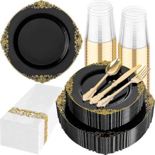 Hioasis 175 Pcs Black Gold Plates for Graduation - color: Black and Gold