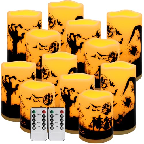 12-Pack Waterproof Flameless LED Candles - Remote Control & Timer, Dimmable Flickering for Halloween Decor Indoor/Outdoor, Haunted House, Party, Graveyard - color: 12- Halloween