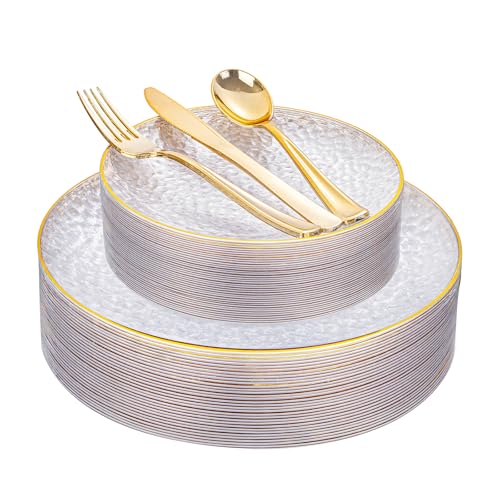 Rubtlamp 30Guest Plastic Gold Dinnerware Set, Gold Plastic Plates, Heavy Duty Disposable Dinnerware Include 30 Dinner Plate,30 Dessert Plates, 90 gold Silverware - color: Clear with gold rim
