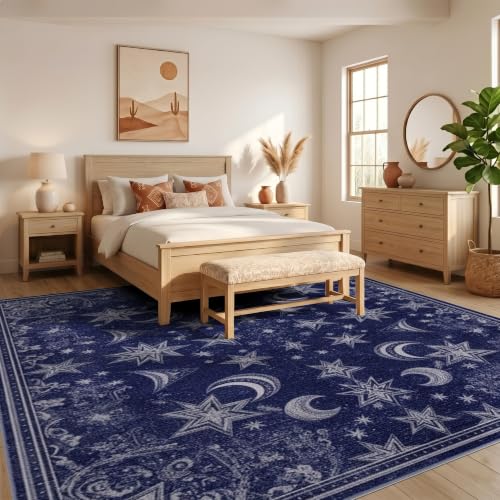 4'x6' Silver Deep Sapphire Boho Star Design Washable Area Rug - color: Blue/Pattern 27, size: 4' x 6' (Rectangular)