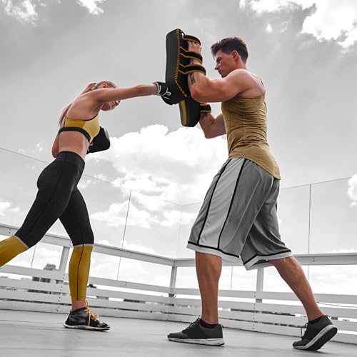 DXM SPORTS Muay Thai Pads Kickboxing Equipment Martial Arts Training Kick Pads for MMA, Taekwondo, Karate – Ideal for Kicks, Knees and Punches in Martial Arts Training (ONE PAD ONLY) - color: Black & Gold