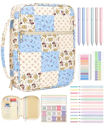 Bible Cover Case for Women Large Bible Bag, Quilted Bible Carrying Case with Handle Church Book Holder Bible Study Supplies Accessories Christian Gifts for Women (Spliced Flower Blue)