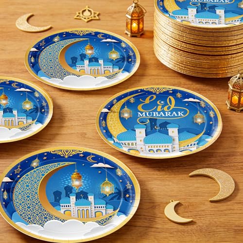 Ramadan Plates for Home Blue and Gold Eid Mubarak Ramadan 9 Inch 24Pcs Paper Plates for Ramadan Party Decorations