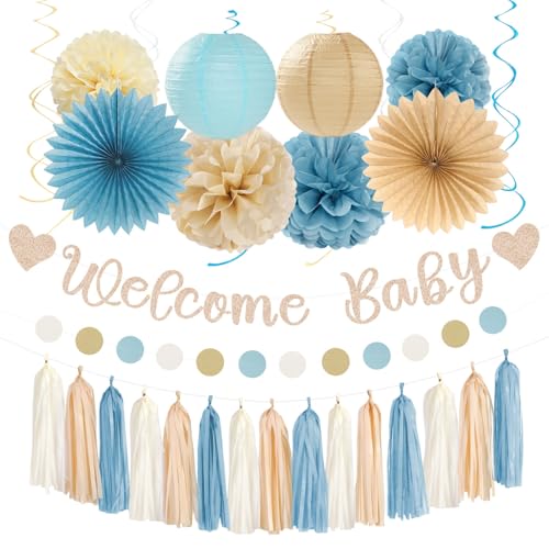 Light-Dusty Blue Beige-Champagne Baby-Shower Party-Decorations - 31pcs Welcome Home Banner Sign,Boy Paper Lanterns,Neutral Streamers Garland,Boho Tissue Pom Poms Flowers Fans Backdrop Decor Burgleda - color: Light Dusty Blue Beige Champagne Baby Shower