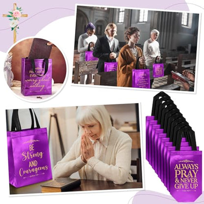 Aliceset 64 Pcs Christian Gift Bags Bulk with Handles for Church Favors Reusable Medium Bible Verse Religious Gift Bags Non Woven Welcome Totes for Baptism Vacation Bible School Gifts (Dark Purple) - color: purple, black