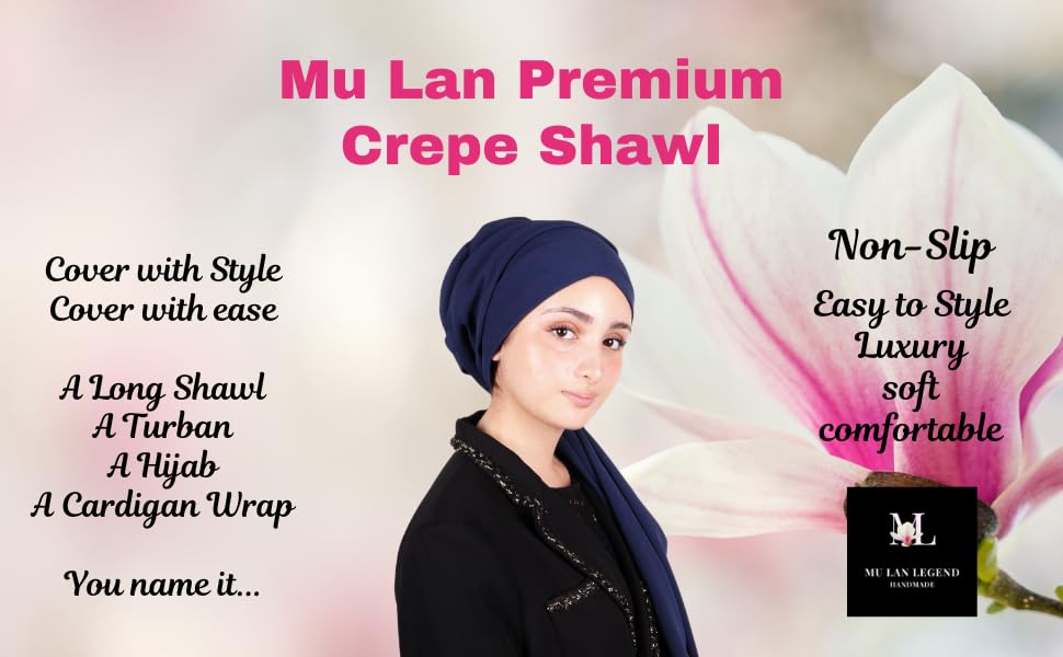 MuLanLegend Mu Lan Song Hijab | Large Non-See-Through Muslimah Headscarf Wrap | Non-Slip Women Scarf | Flowy and Drapey - color: Navy Blue