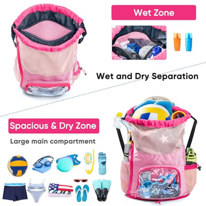 Mesh Drawstring Backpack with Shoe Compartment, Sandproof Beach Swim Bag with Wet Pocket, Pool Gym Shower Bag for Travel Summer Camp - color: Pink, style: Style a