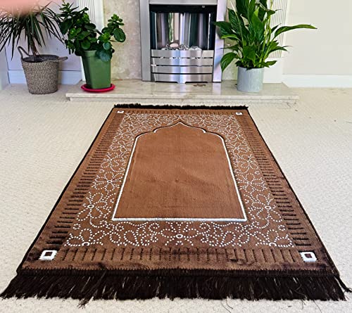 Mihrab Patterned Original Luxury Velvet Prayer Mat/Rug- 750g Weight | Made in Turkey (Coffee) - color: Coffee