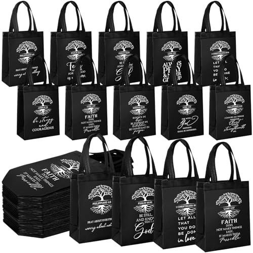 Sweetude 30 Pcs Christian Bag Bulk with Handle Religious Medium Size Bible Verse Reusable Non Woven Handbag for Coworker Men Women Grandparent Day Church Halloween Party Favor Bags(Black) - color: Black