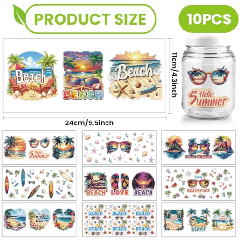 arricraft 10 Pcs Colorful Sand Beach Theme Cup Printing UV Transfer Papers, 10 Styles Shells Conch Tree Surfboard Starfish UV DTF Cup Wrap Stickers for 16 OZ Glass Cups Crafts 9.5x4.3inch - style: Colorful Sand Beach Theme