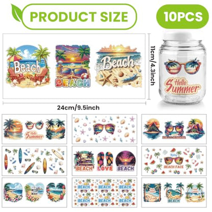 arricraft 10 Pcs Colorful Sand Beach Theme Cup Printing UV Transfer Papers, 10 Styles Shells Conch Tree Surfboard Starfish UV DTF Cup Wrap Stickers for 16 OZ Glass Cups Crafts 9.5x4.3inch - style: Colorful Sand Beach Theme
