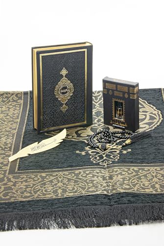 ihvan online Prayer Gift Set for Men & Women, Muslim Prayer Rug, Salah Mat, Beads Taasbih, Arabic Holy Quran, Islamic Gift Set for Ramadan & Eid, Black - color: Black