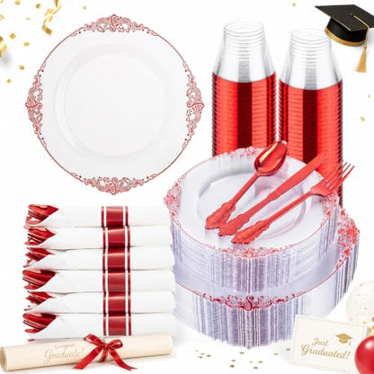 Hioasis 175pcs Clear and Red Plates - Red Party Plates for 25 Guest, Include 50 Heavy-duty Plates(20% Thicker Than Standard), 25 Pre Rolled Gold Plastic Silverware Set, 25 Cups for Graduation - color: Clear and Red