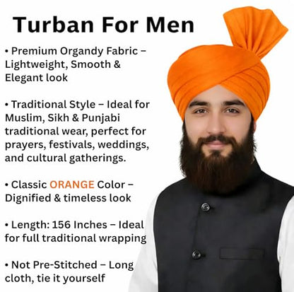 Turban For Men (156 Inches) Long Cloth – Muslim, Sikh, Punjabi Headwrap | For Prayer, Festivals & Special Occasions - color: Orange