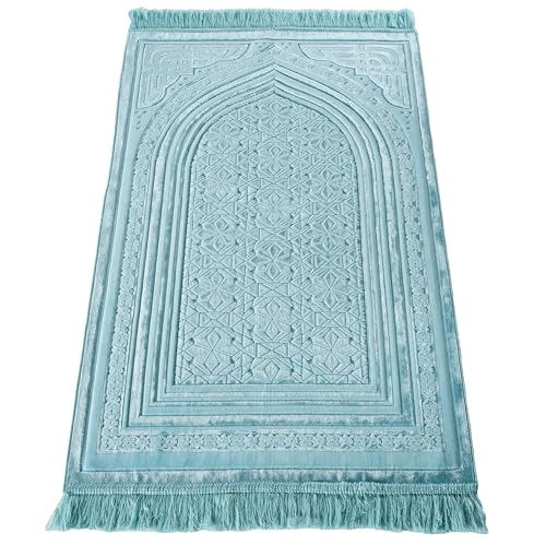 Modefa Luxury Velvet Islamic Prayer Rug - Muslim Janamaz Sejadah 5 Piece Ramadan Gift Set (Light Blue)