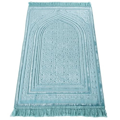 Modefa Luxury Velvet Islamic Prayer Rug - Muslim Janamaz Sejadah 5 Piece Ramadan Gift Set (Light Blue)