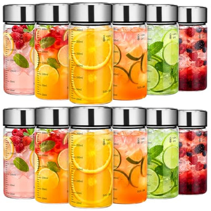 LemonRoad 12 Pack 10 oz Glass Juice Bottles Bulk Scale Wide Mouth Glass Water Bottles with Leakproof Stainless Steel Lids, Borosilicate Reusable Container for Juicing Smoothies Infused Water - size: 10 oz