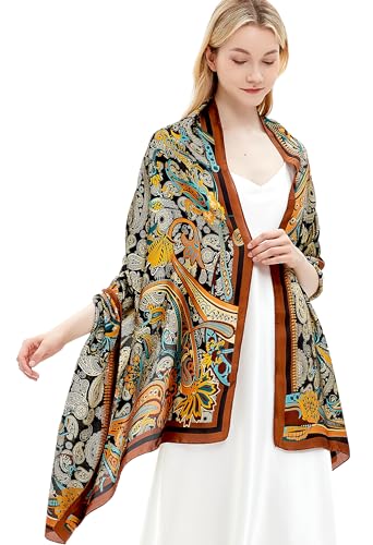 Women Silk Scarves Long Satin Lightweight Outdoor Shawl Wraps Printed Head Scarf 70''X35'' - color: 103-black/Orange