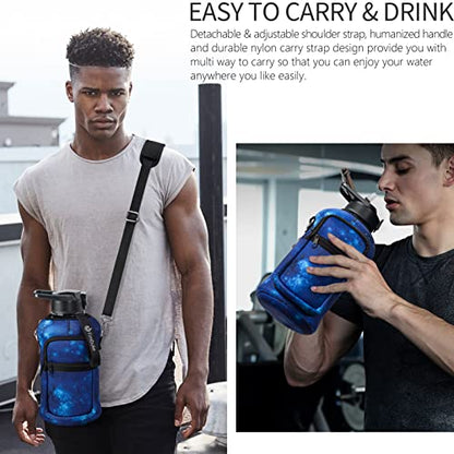 Fimibuke Half Gallon Water Bottle with Sleeve 64 OZ Water Bottle with Handle & Straw Leakproof Motivational Sports Gym Water Bottle with Time Marker BPA Free Water Jug with Reusable Neoprene Holder - color: C9.Galaxy